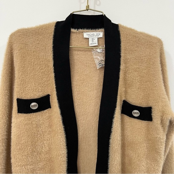Rachel Zoe Eyelash Fuzzy Cardigan Size Small Camel Black Open Front Long Sweater - Picture 7 of 7